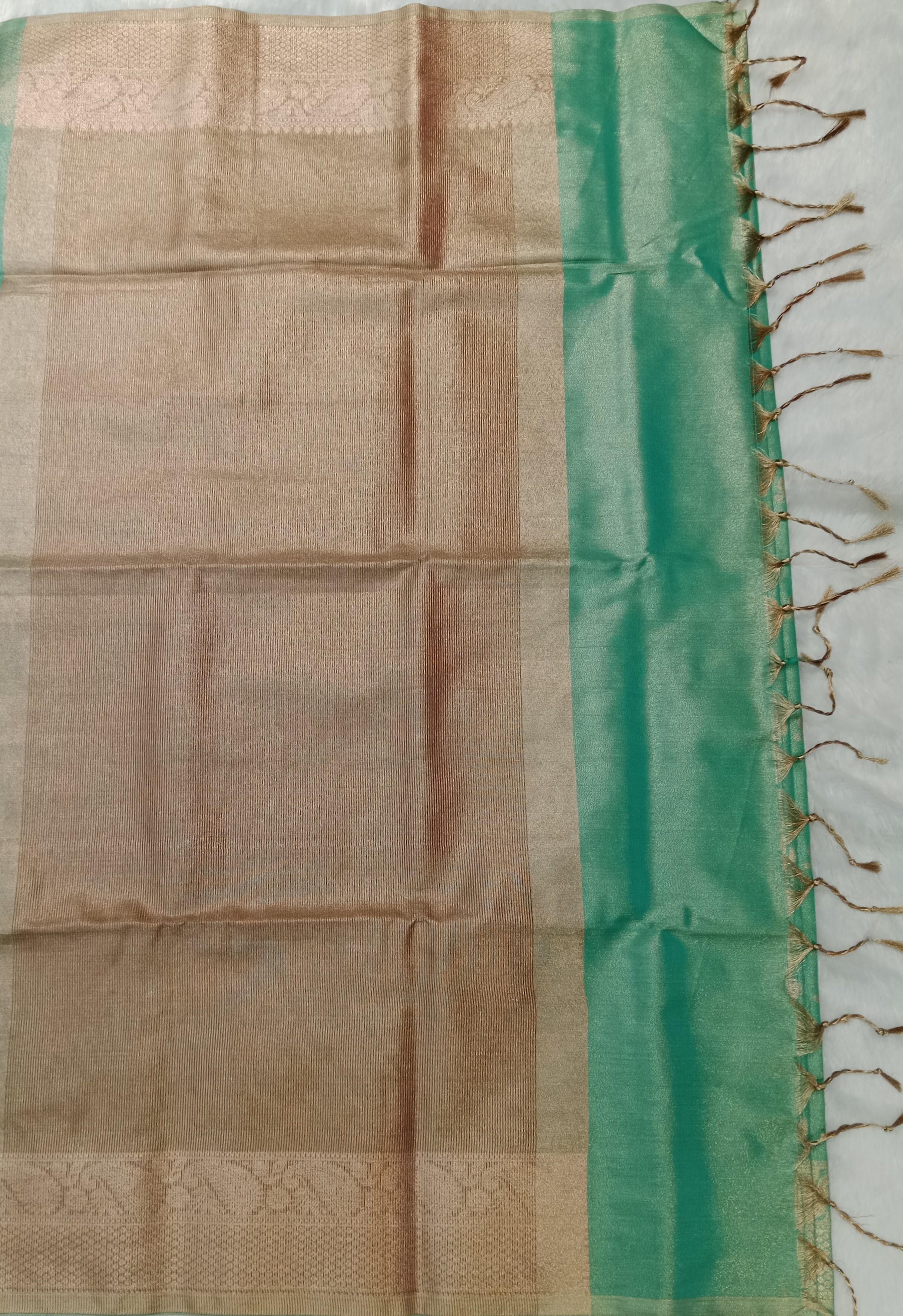 SEA GREEN BANARASI CHANDERI SILK SAREE WITH GOLD ZARI BORDER