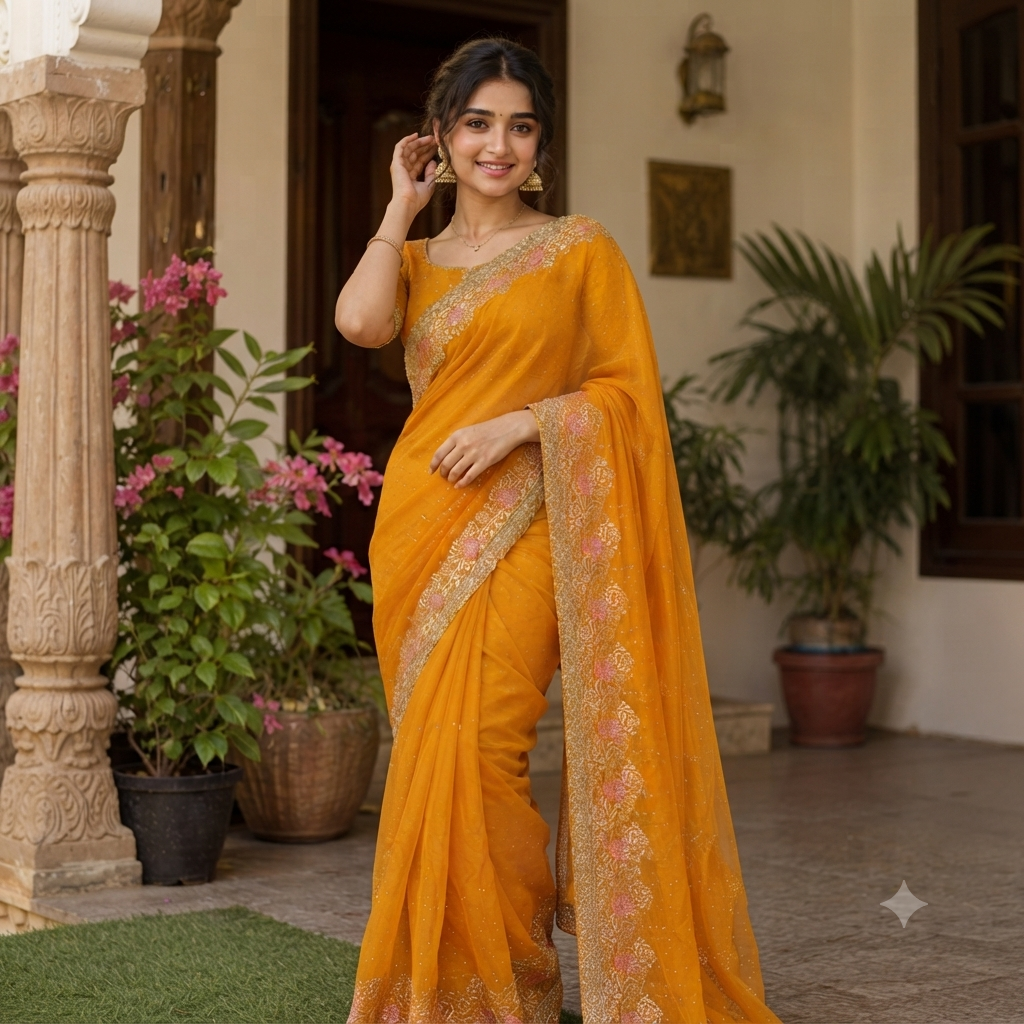 MARIGOLD GEORGETTE SAREE WITH GOLD+ PINK ZARI BORDER