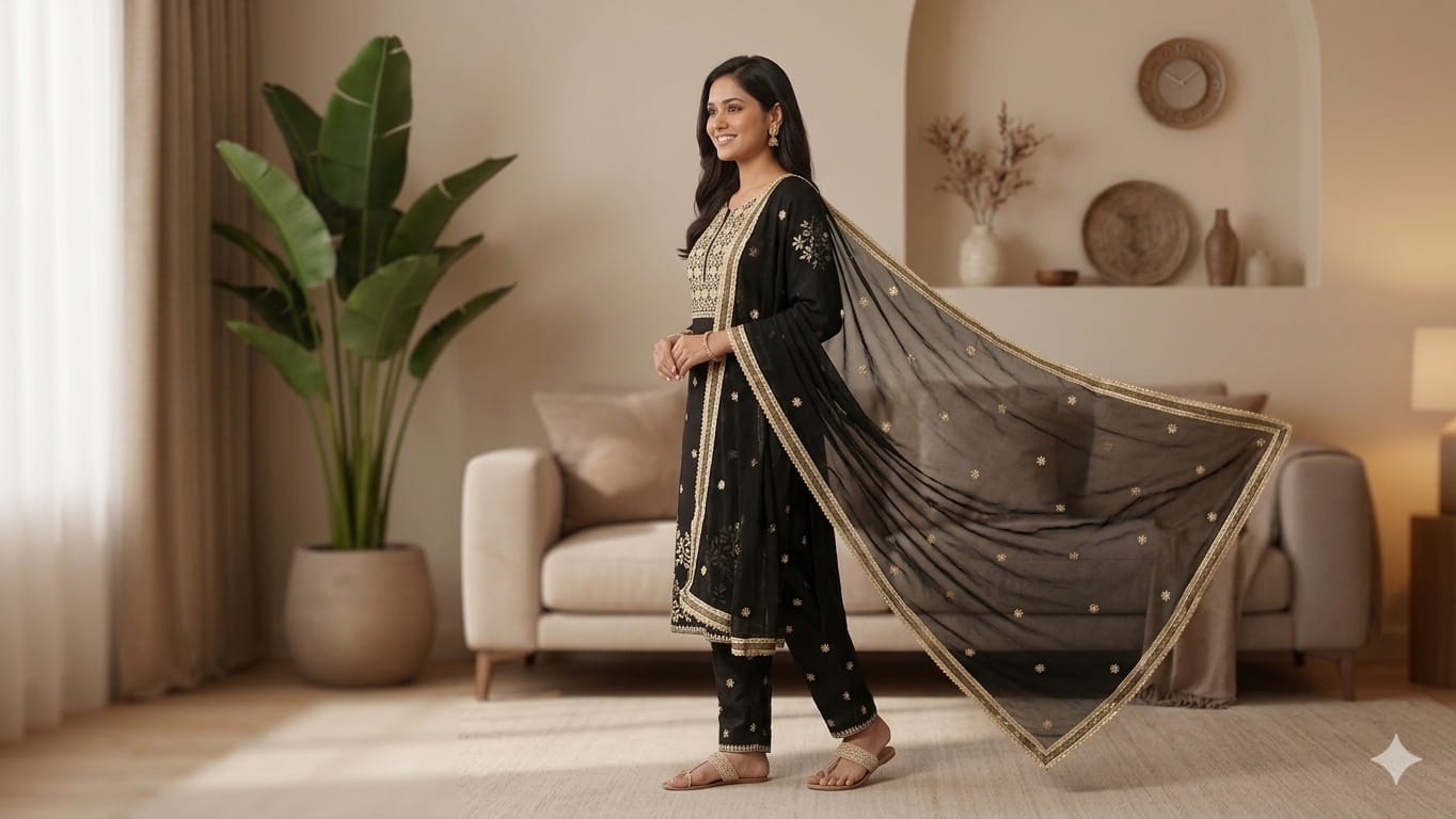 BLACK WITH IVORY THREAD KURTI SET
