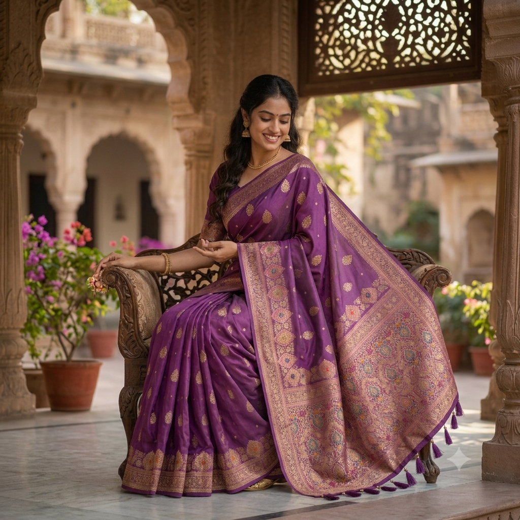 DEEP JAMUNI PURPLE BANARASI SILK SAREE WITH GOLD BUTTAS