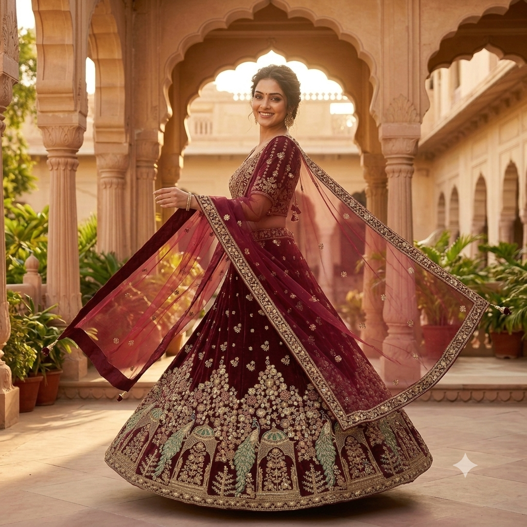 WINE PEACOCK WORK LEHENGA