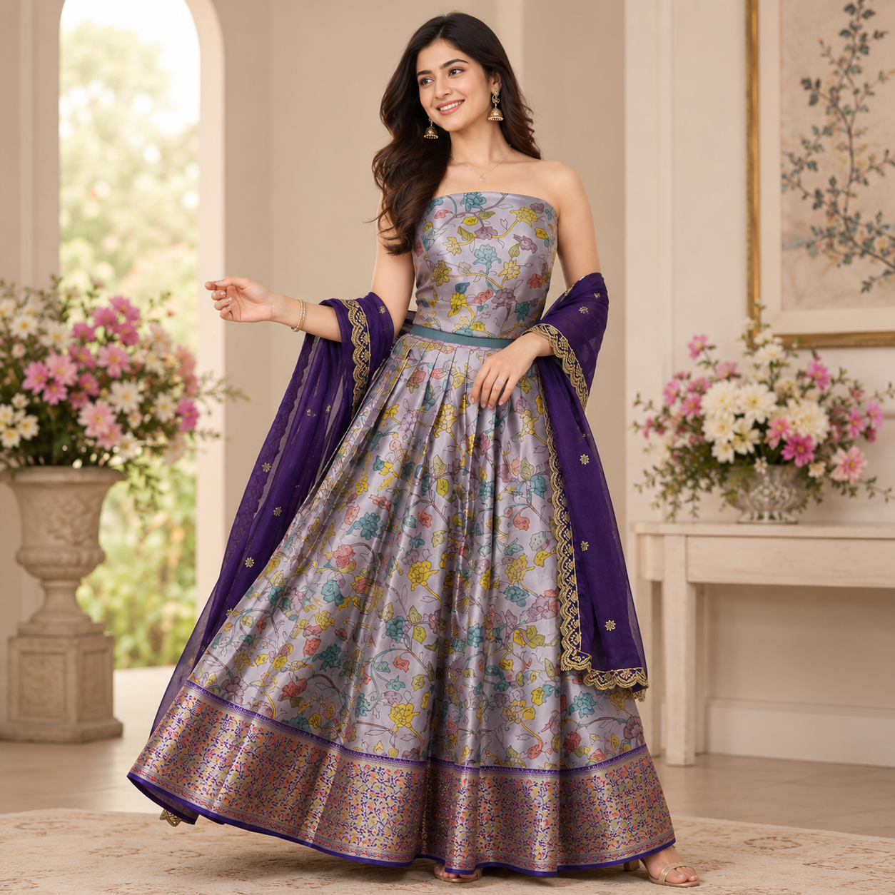 LAVENDER- SILVER LEHENGA WITH MULTICOLOUR FLORAL JAAL PRINT+ THAT RICH BROCADE BORDER