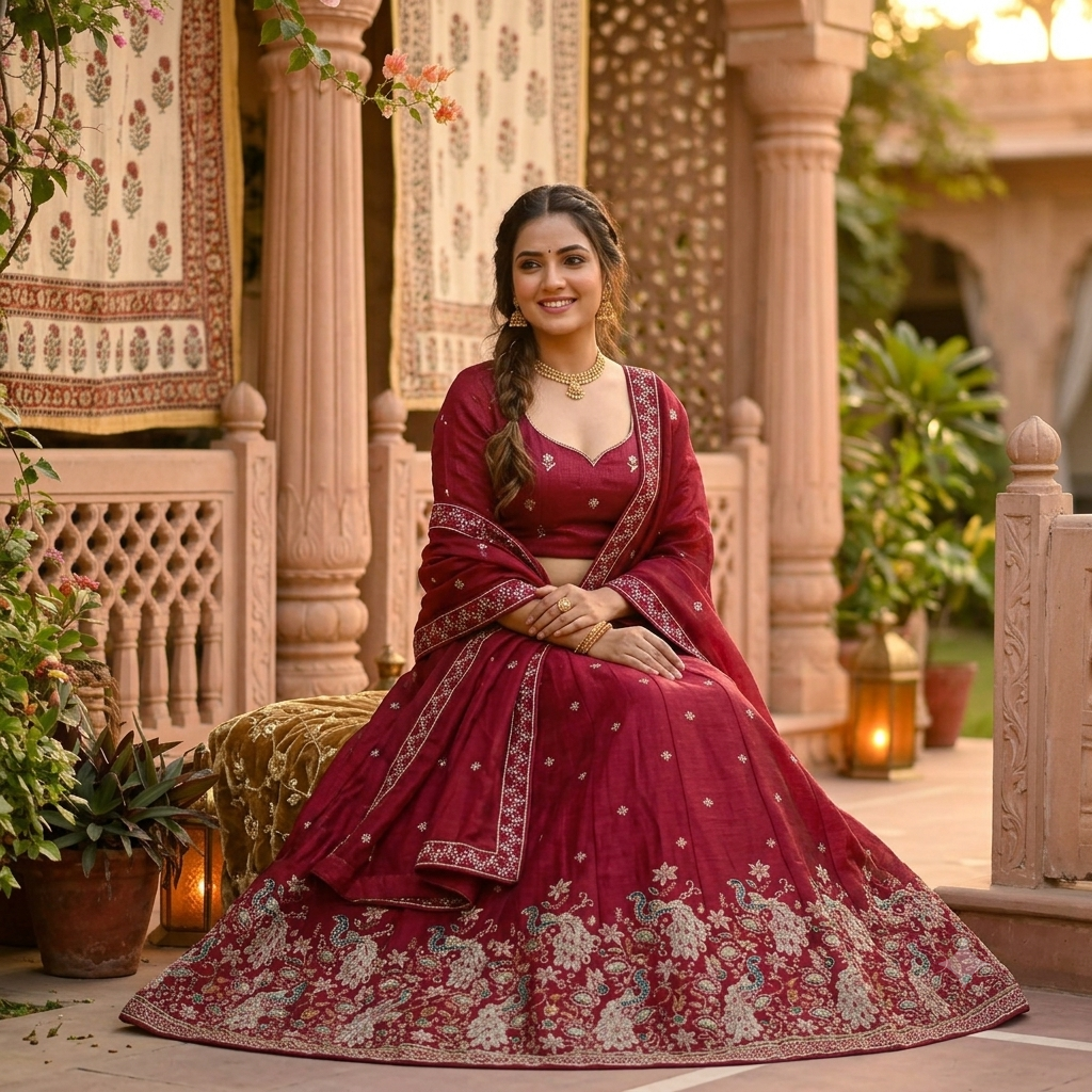 MAROON LEHENGA WITH THE WHITE TEAL PEACOCK BORDER
