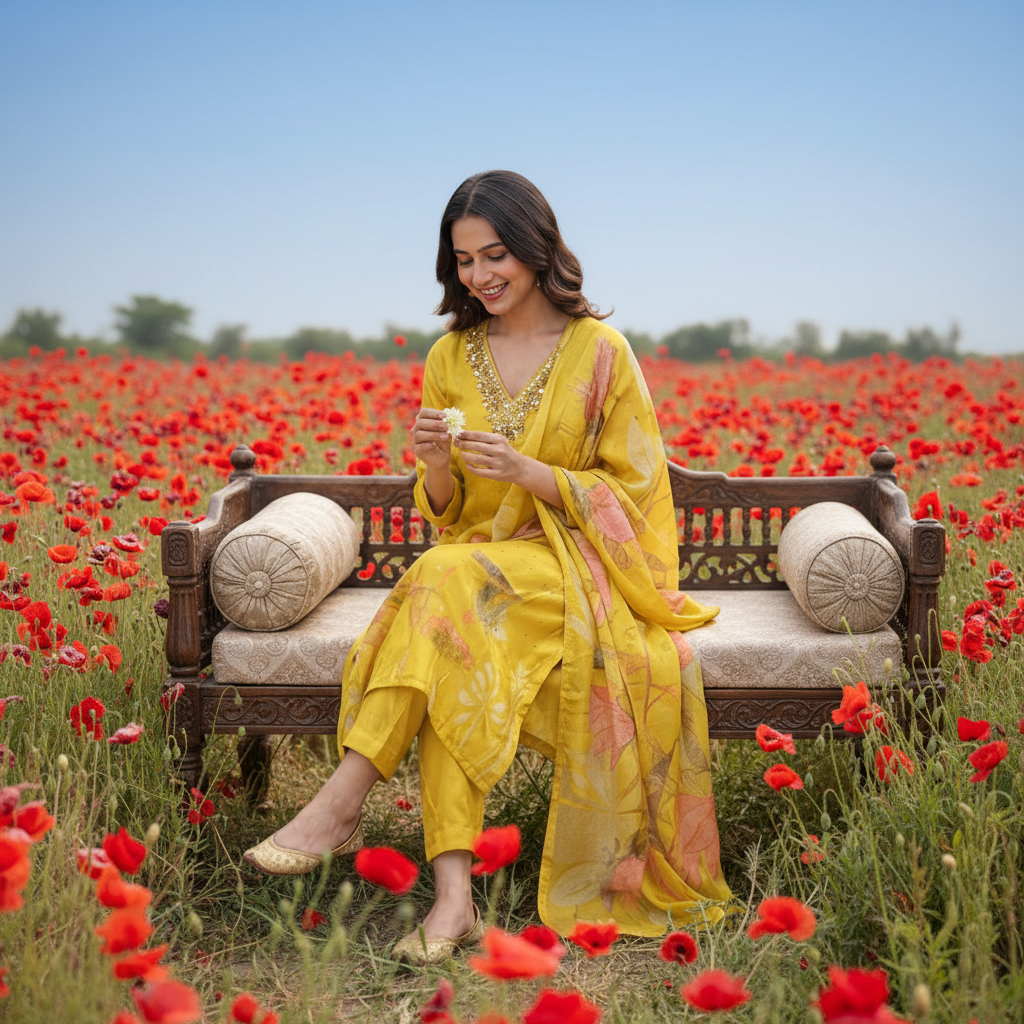 YELLOW CHANDERI KURTI SET