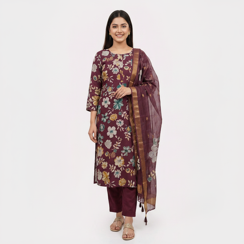 DEEP WINE PRINTED KURTI SET