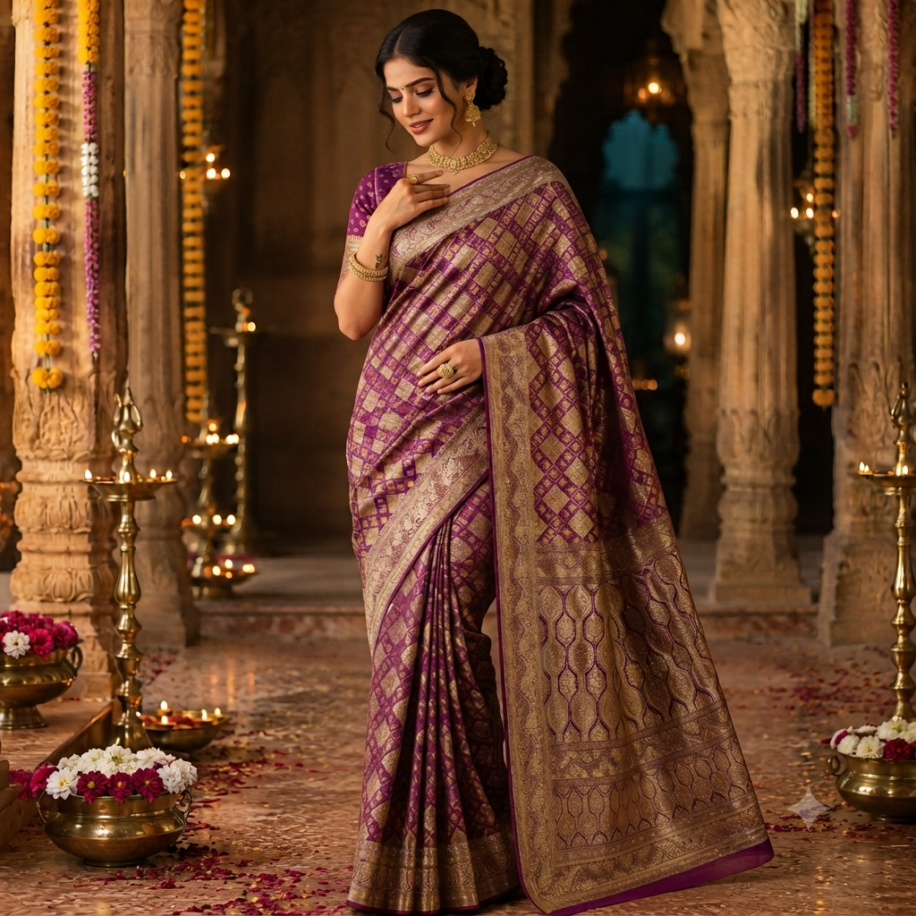 WINE ANTIQUE GOLD BANARASI SILK SAREE