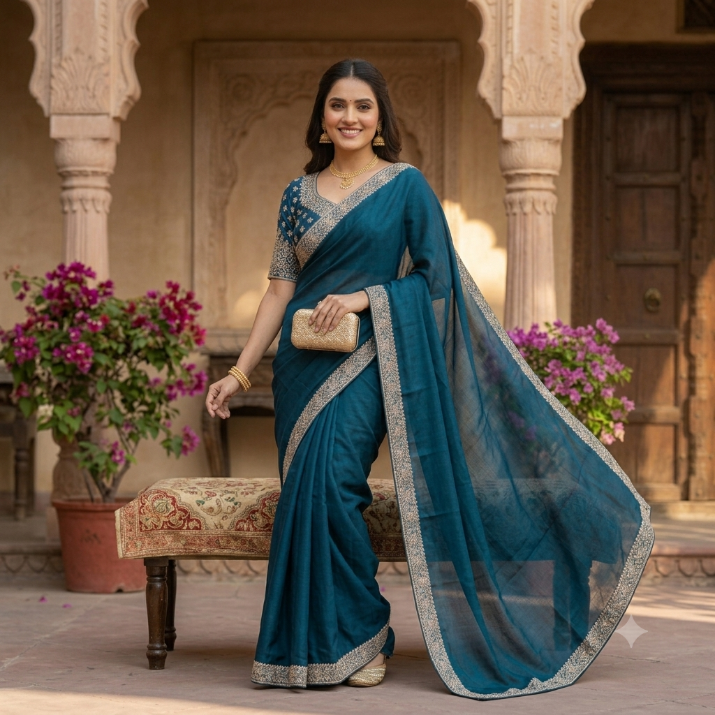 TEAL BLUE SATIN SAREE WITH HEAVY SILVER ZARI BORDER