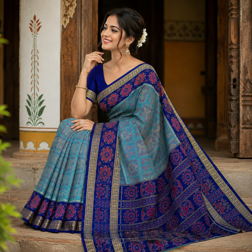 Royal Blue  Chakra Pure Sambalpuri Handloom Cotton Saree