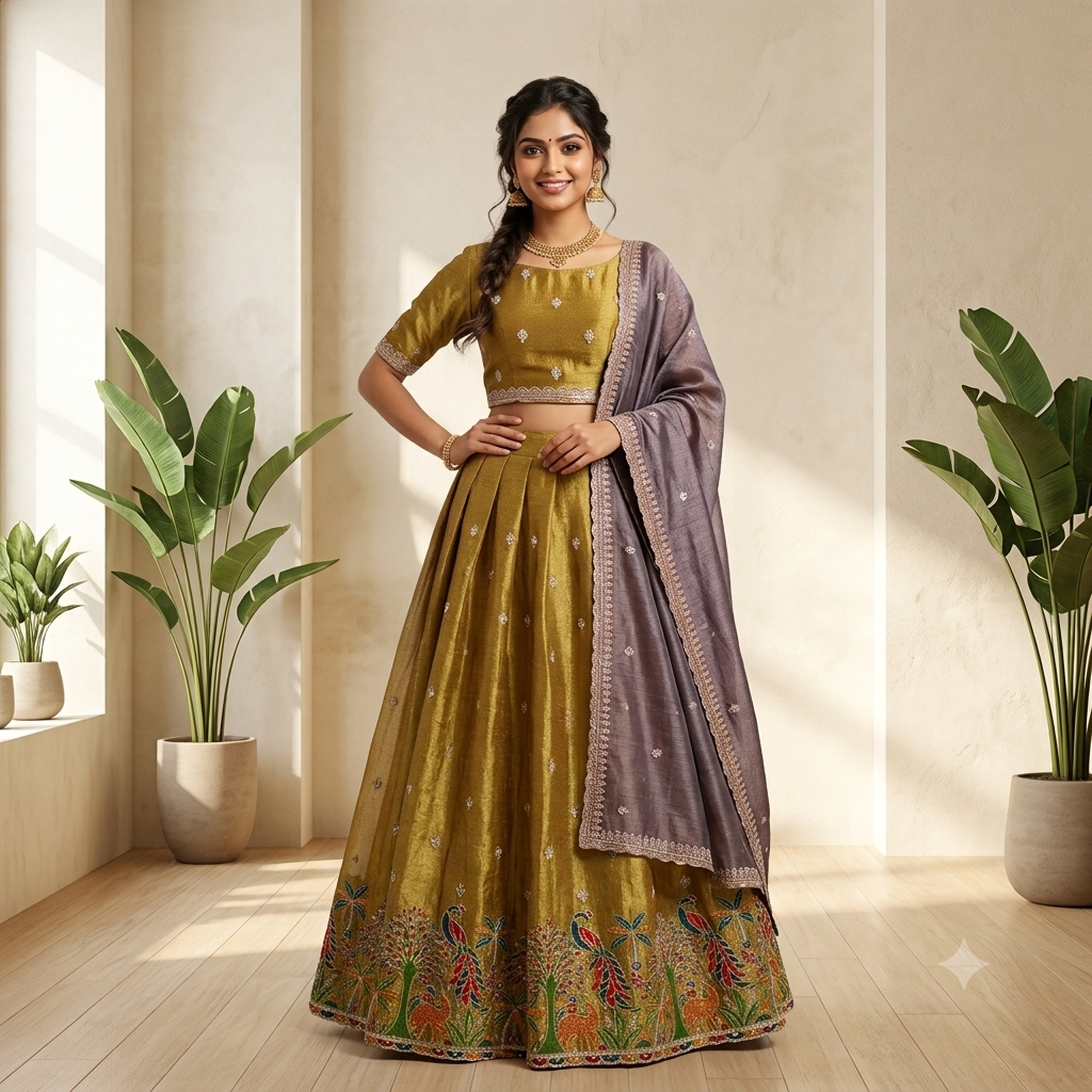 MUSTARD YELLOW  LEHENGA WITH THE COLOUR PARROT TREE EMBROIDERY