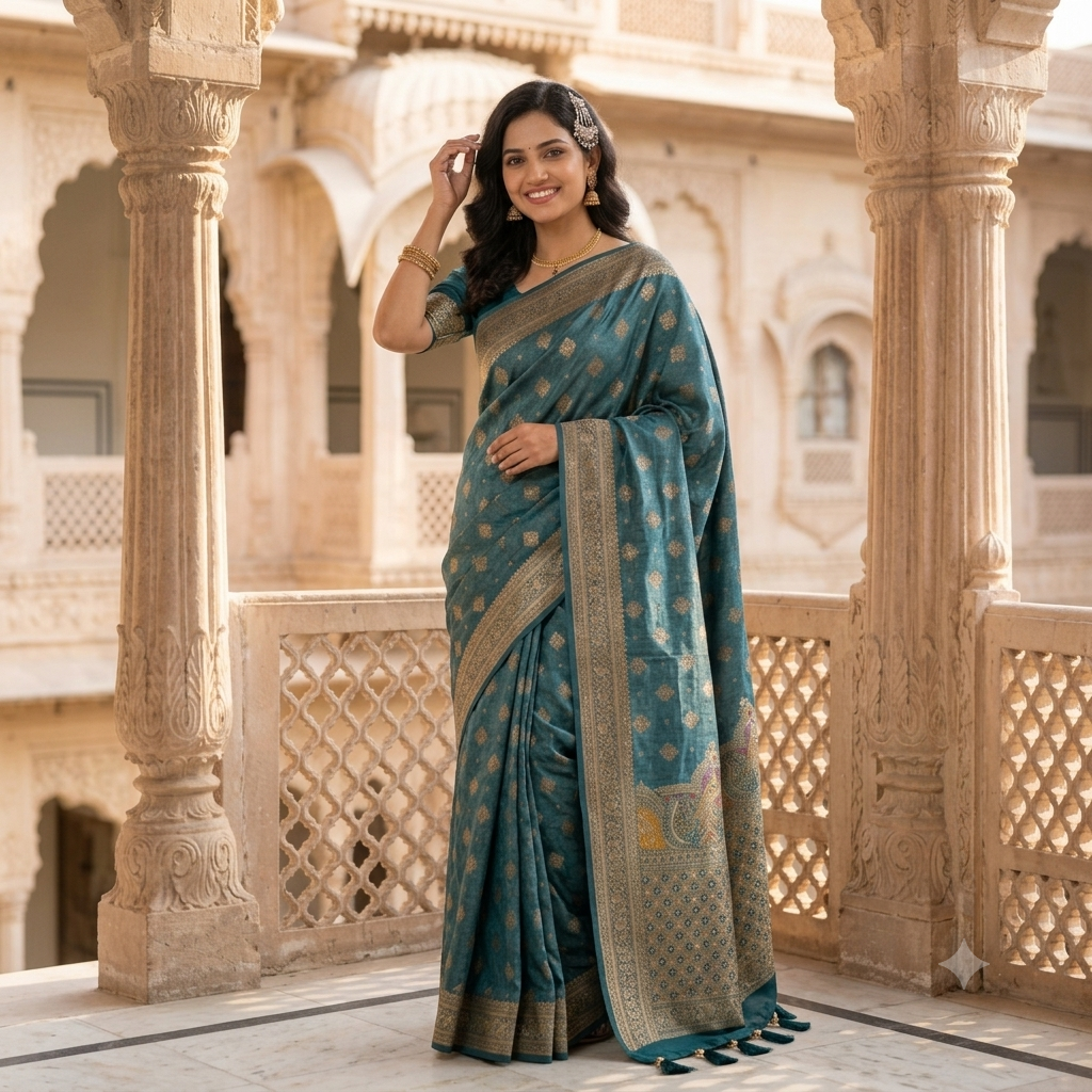 PEACOCK TEAL BANARASI SILK SAREE WITH GOLD BUTTAS