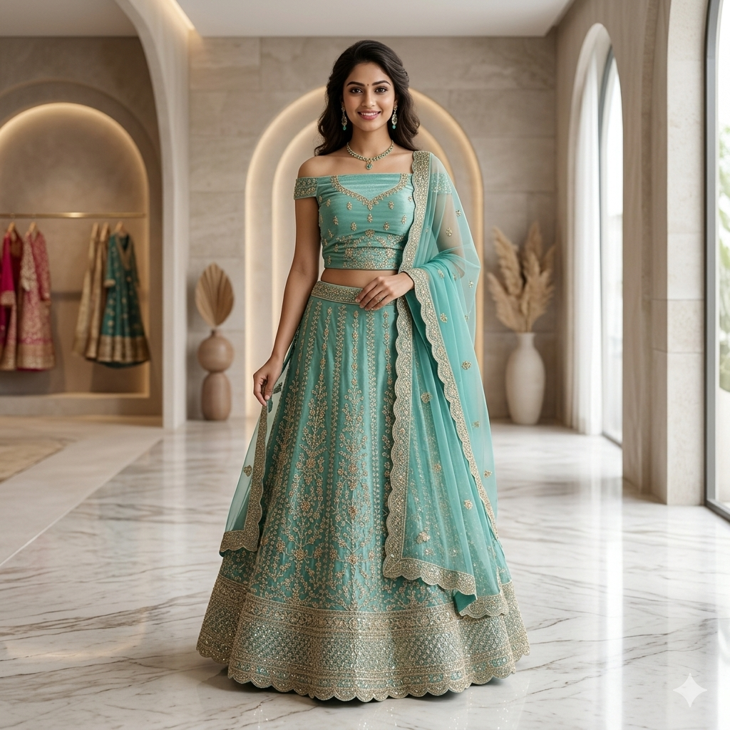 SEAFOAM GREEN LEHENGA WITH GOLD ZARI+ SCALLOPED BORDER