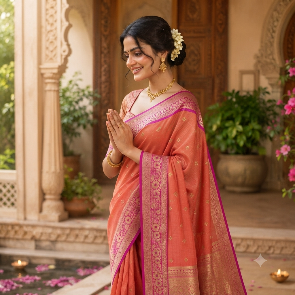 PEACH - CORAL BANARASI SILK SAREE WITH MAGENTA ZARI BORDER