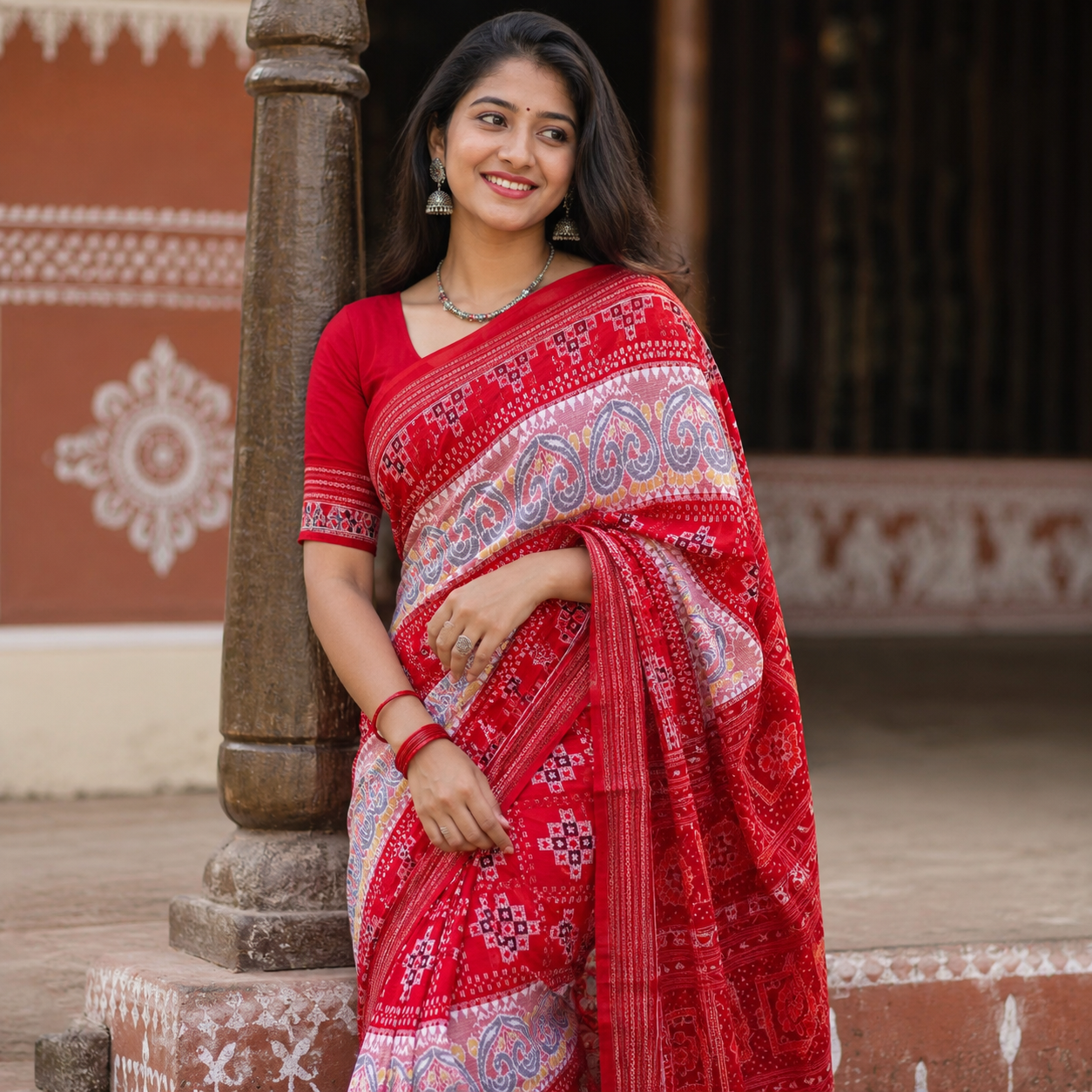 BRIGHT RED AND WHITE SAMBALPURI HANDLOOM COTTON SAREE