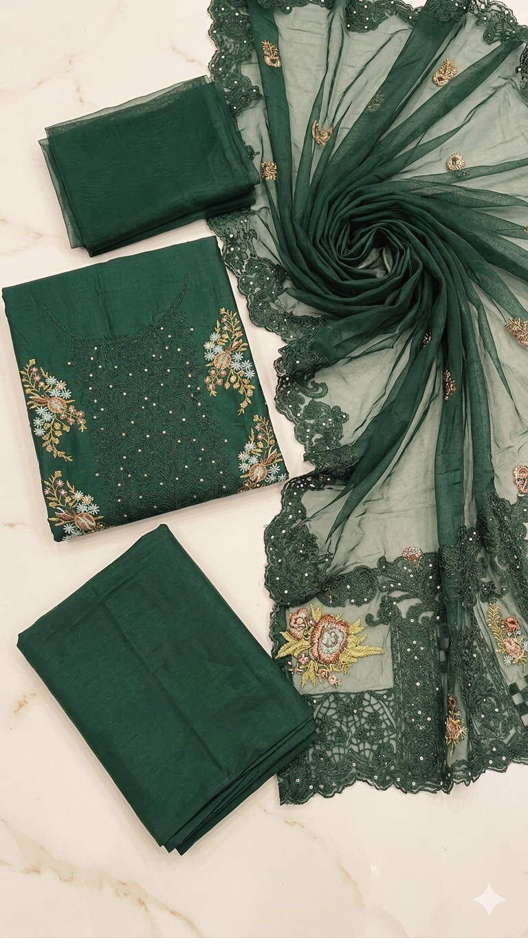 EMERALD GREEN EMBROIDERED DRESS MATERIAL
