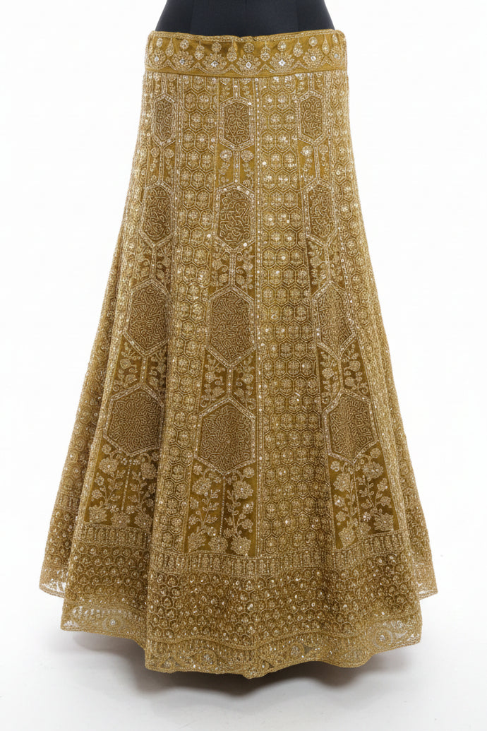 OLIVE GREEN LEHENGA WITH ALL- OVER GOLD ZARI WORK