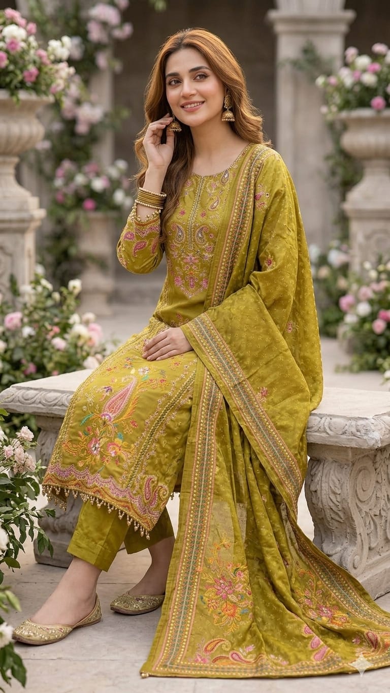 OLIVE GREEN CREPE KURTI SET