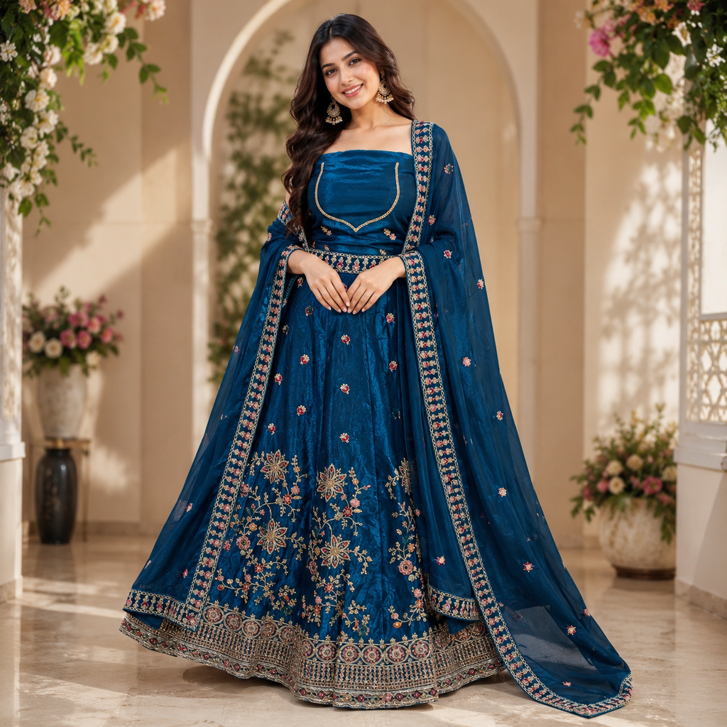 TEAL BLUE VELVET LEHENGA WITH GOLD+ PINK FLORAL EMBROIDERY