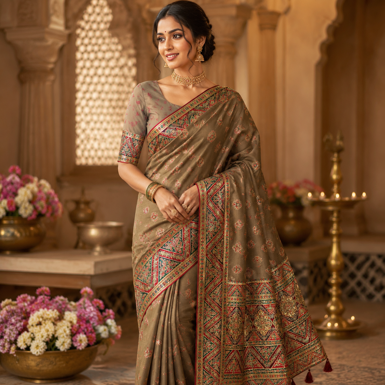 TAUPE MULTICOLOUR BANARASI SILK SAREE