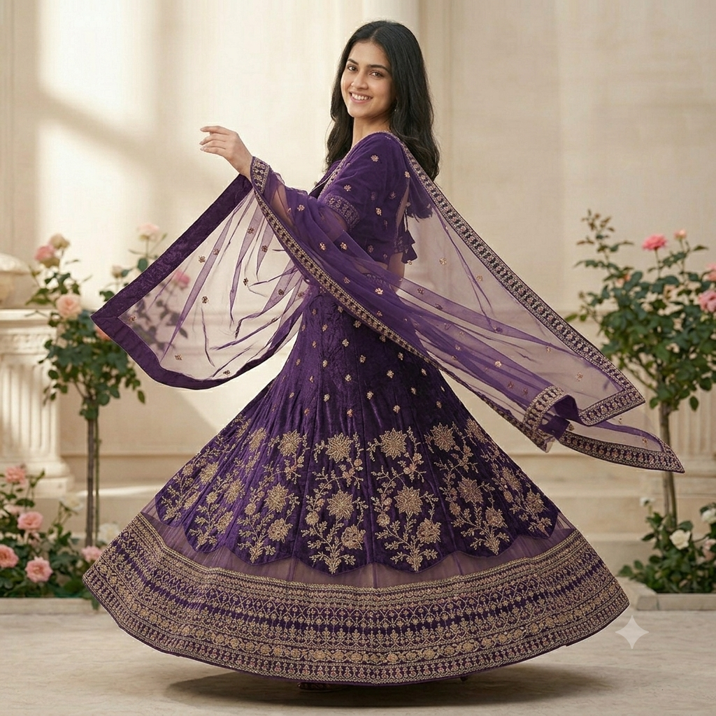DEEP PURPLE VELVET LEHENGA