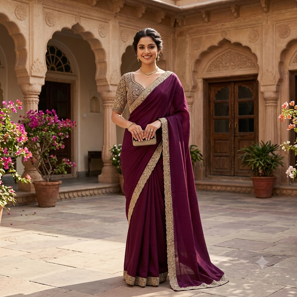 WINE GEORGETTE SAREE WITH GOLD SCALLOP BORDER