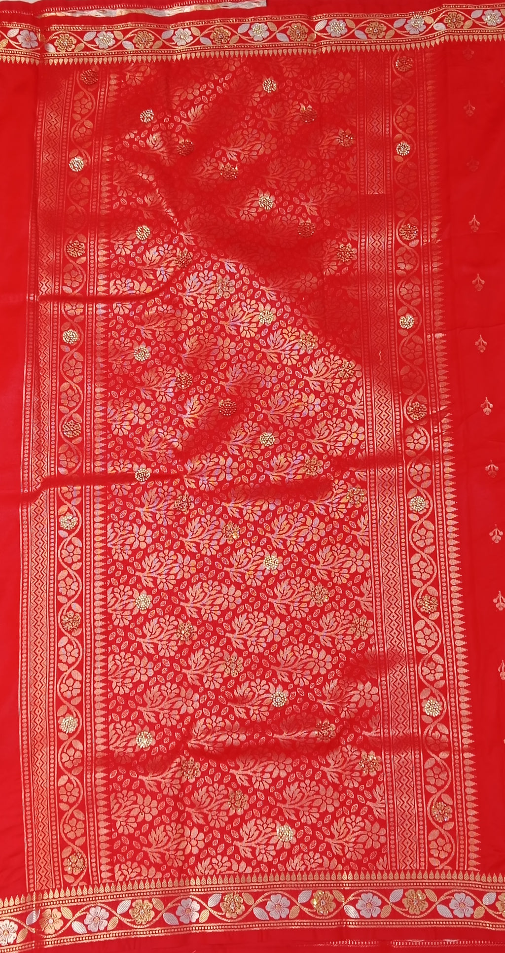 BRIGHT RED BANARASI SILK SAREE WITH GOLD ZARI BORDER