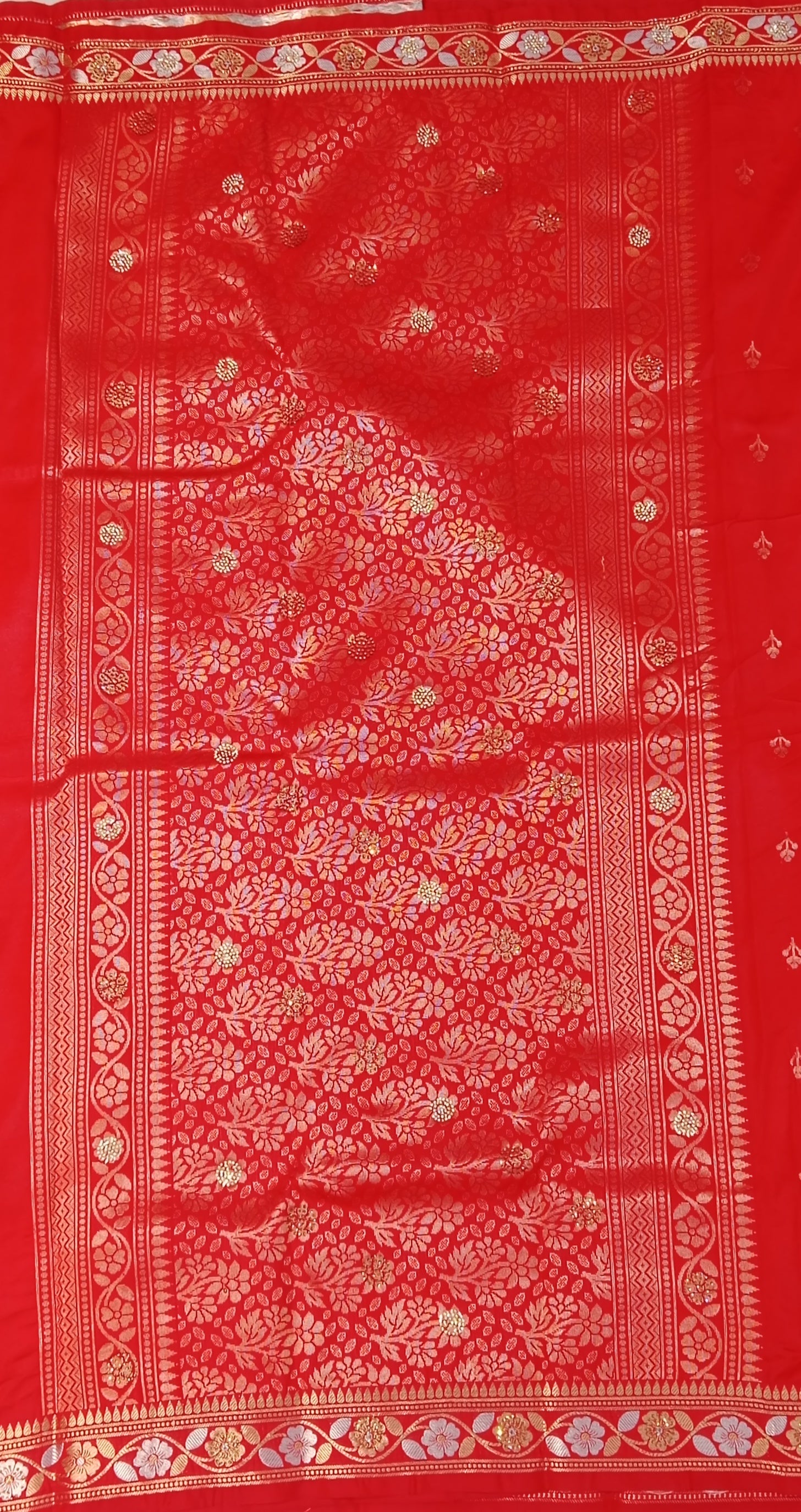 BRIGHT RED BANARASI SILK SAREE WITH GOLD ZARI BORDER