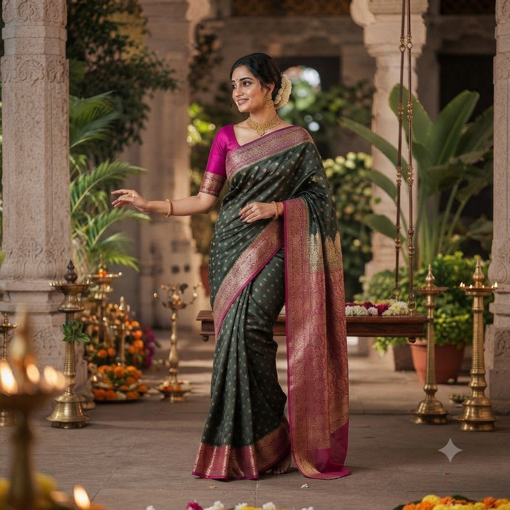 BOTTLE GREEN MAGENTA BANARASI SILK SAREE