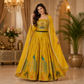 SUNSHINE YELLOW LEHENGA WITH PEACOCK+ FLORAL EMBROIDERY