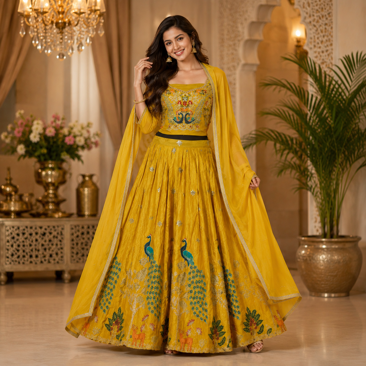 SUNSHINE YELLOW LEHENGA WITH PEACOCK+ FLORAL EMBROIDERY