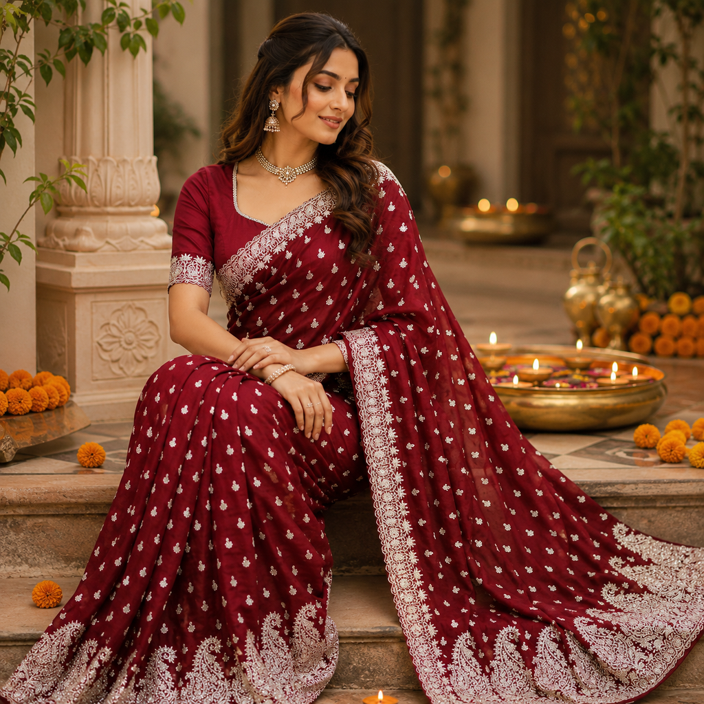 MAROON EMBROIDERED SAREE