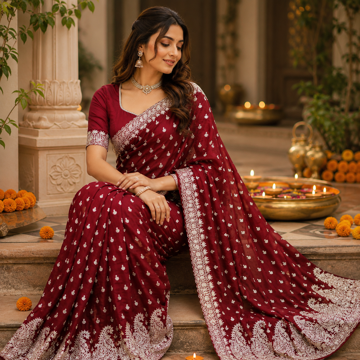 MAROON EMBROIDERED SAREE