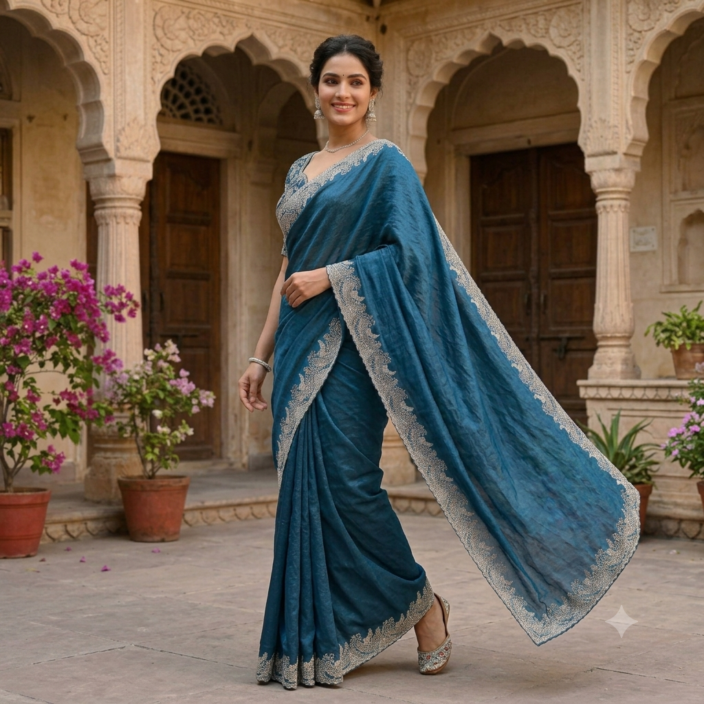 TEAL BLUE RAW SILK SAREE WITH BROAD SILVER PAISLEY BORDER