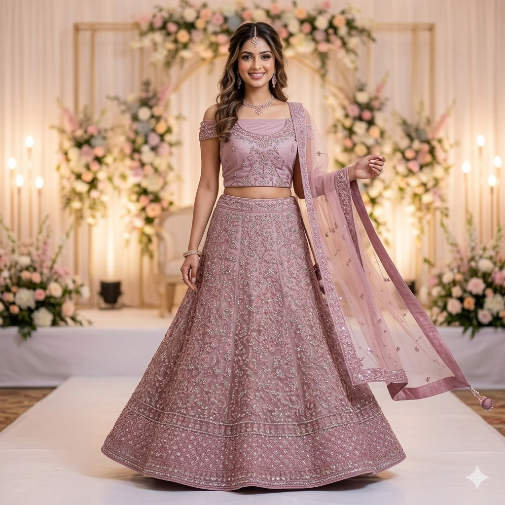 DUSTY ROSE LEHENGA WITH SILVER SEQUIN WORK