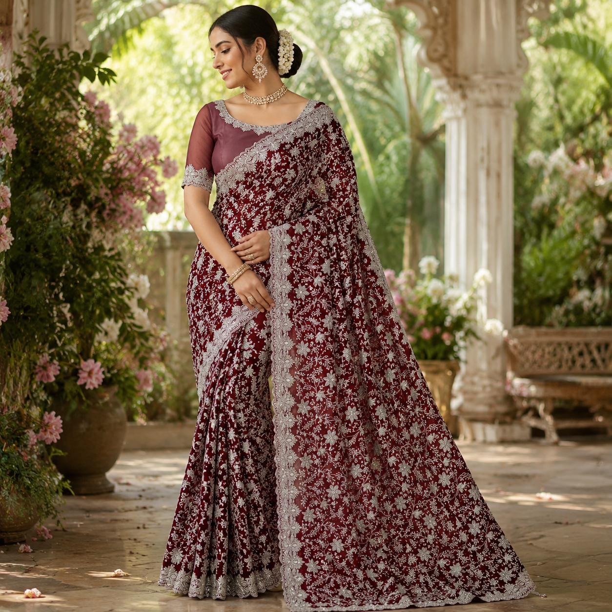 WINE SILVER CHIKANKARI SAREE