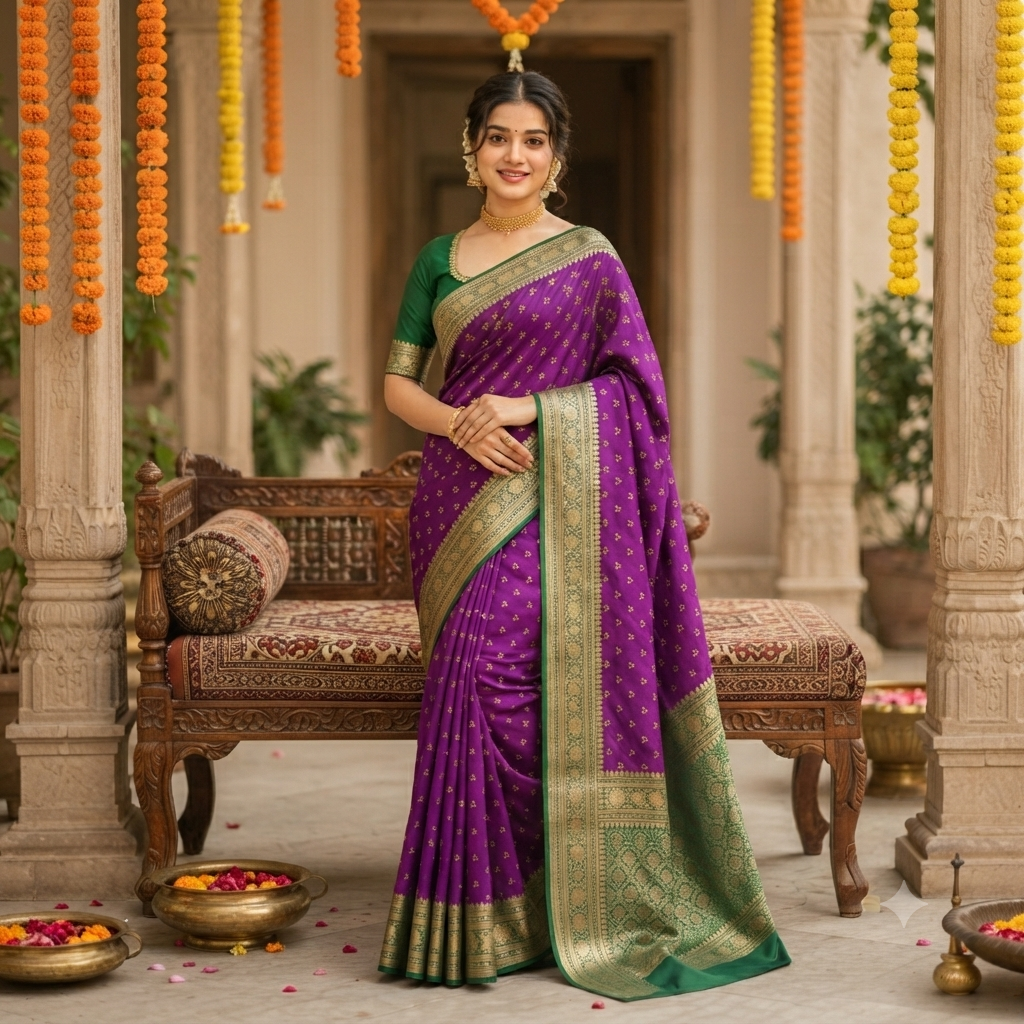BAINGANI PURPLE EMERALD GREEN KANCHIPURAM SILK SAREE