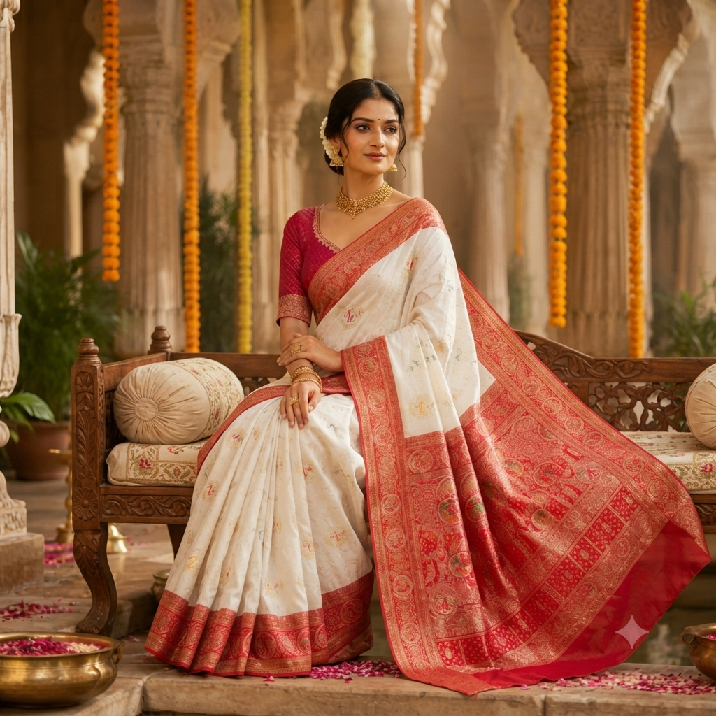 IVORY SINDOORI RED BANARASI SILK SAREE