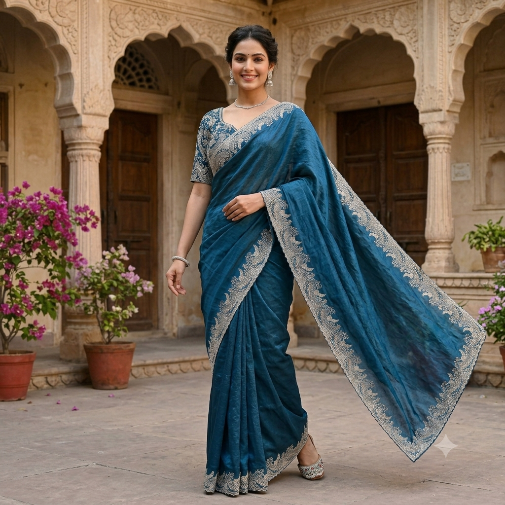 TEAL BLUE RAW SILK SAREE WITH BROAD SILVER PAISLEY BORDER