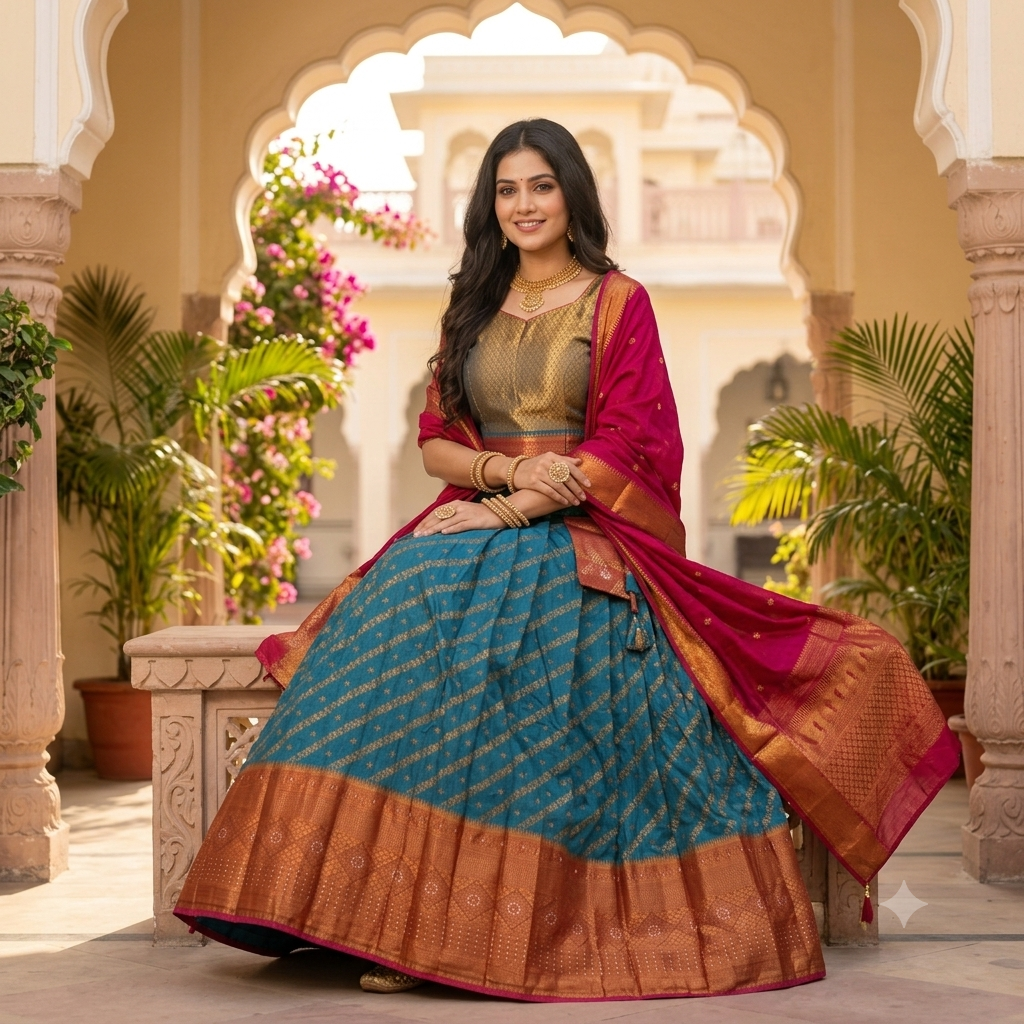 TEAL BLUE LEHENGA WITH GOLD ZARI  STRIPES WITH COPPER BROCADE BORDER
