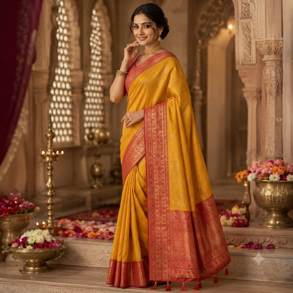 MUSTARD YELLOW SINDOORI RED BANARASI SILK SAREE