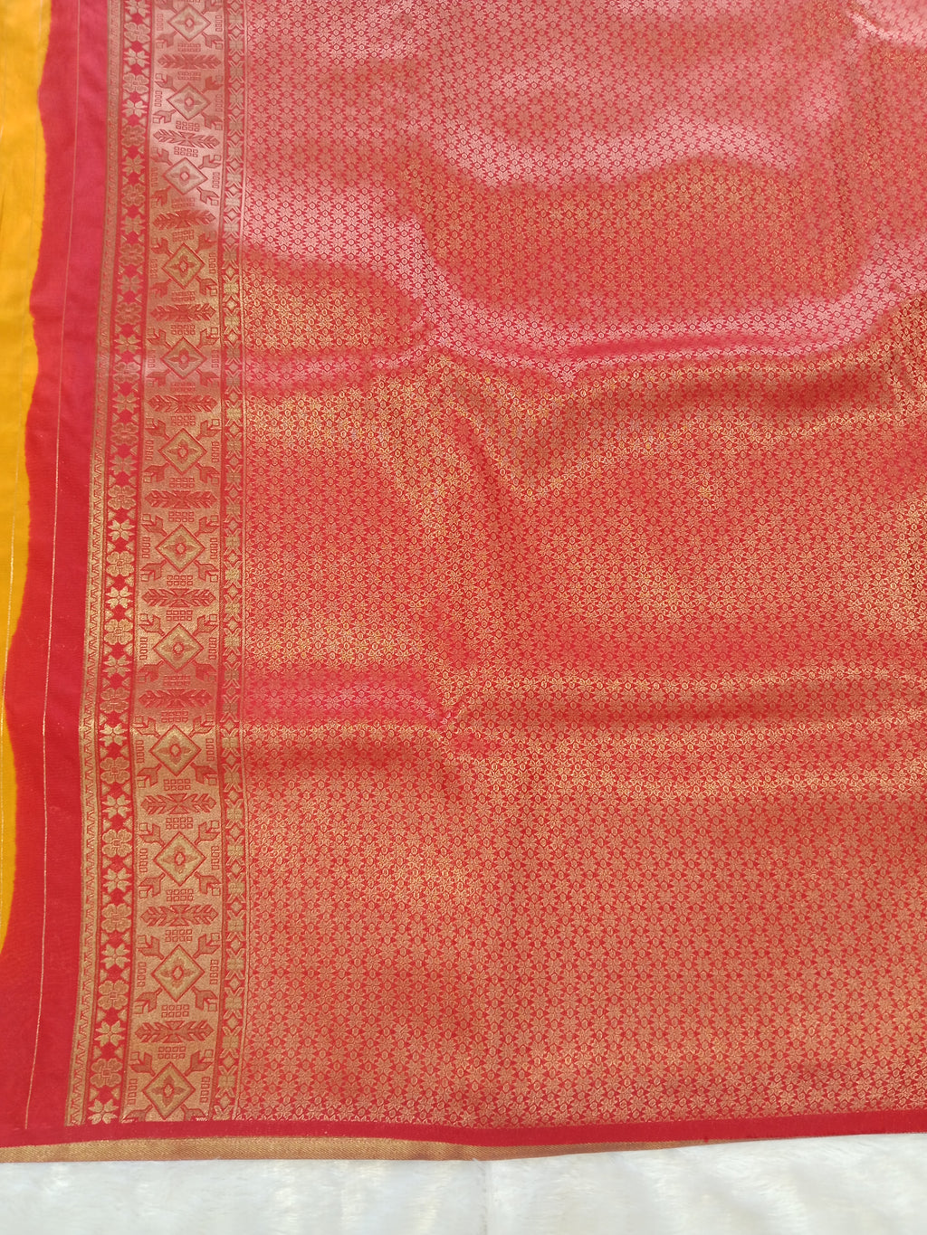 MUSTARD YELLOW SINDOORI RED BANARASI SILK SAREE