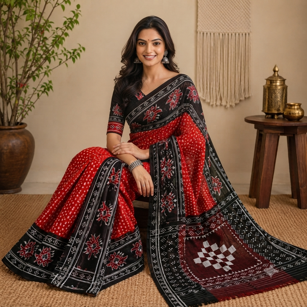 RED AND BLACK BAGRU BLOCK PRINT SAMBALPURI HANDLOOM COTTON SAREE