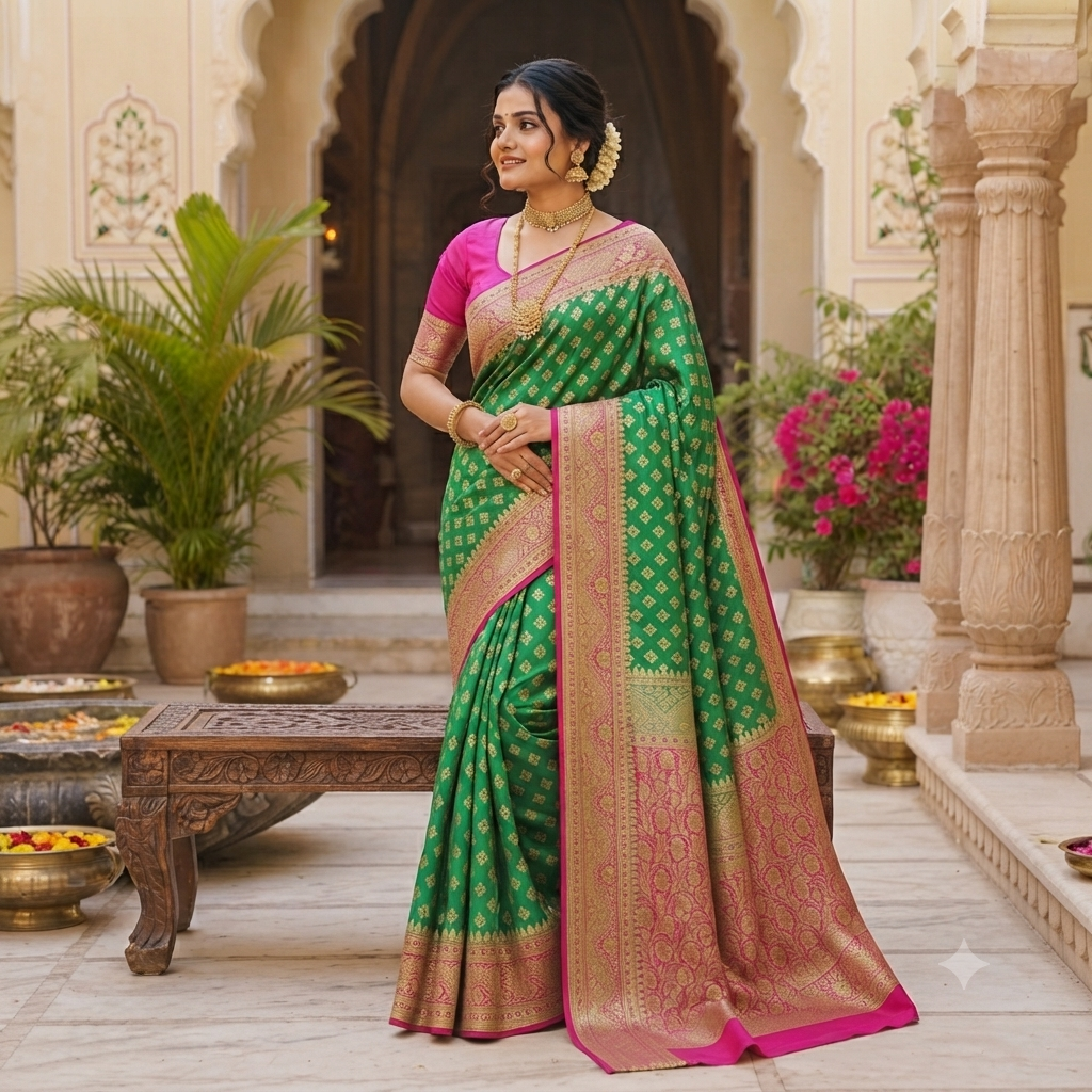 PARROT GREEN MAGENTA BANARASI SILK SAREE