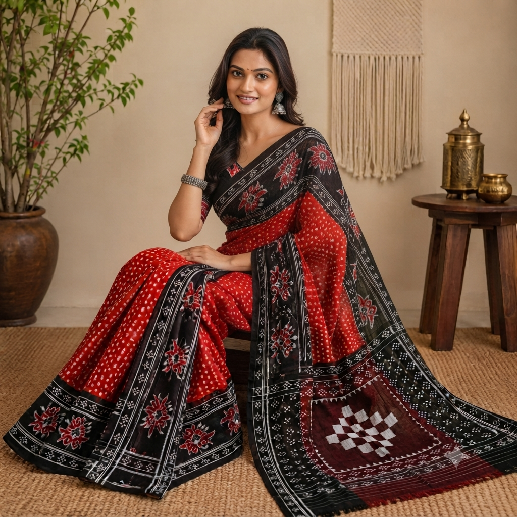 RED AND BLACK BAGRU BLOCK PRINT SAMBALPURI HANDLOOM COTTON SAREE