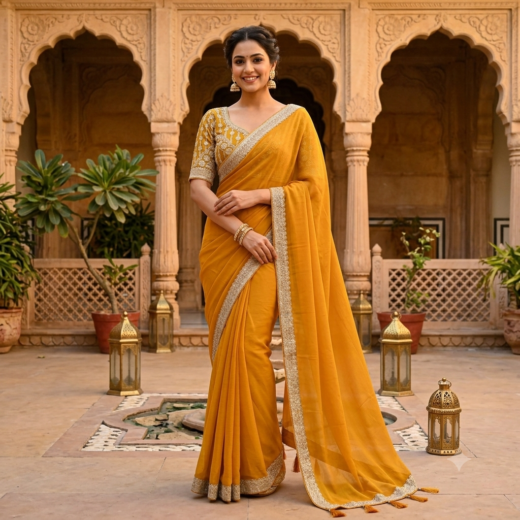 MUSTARD YELLOW SAREE WITH SILVER SEQUIN BORDER