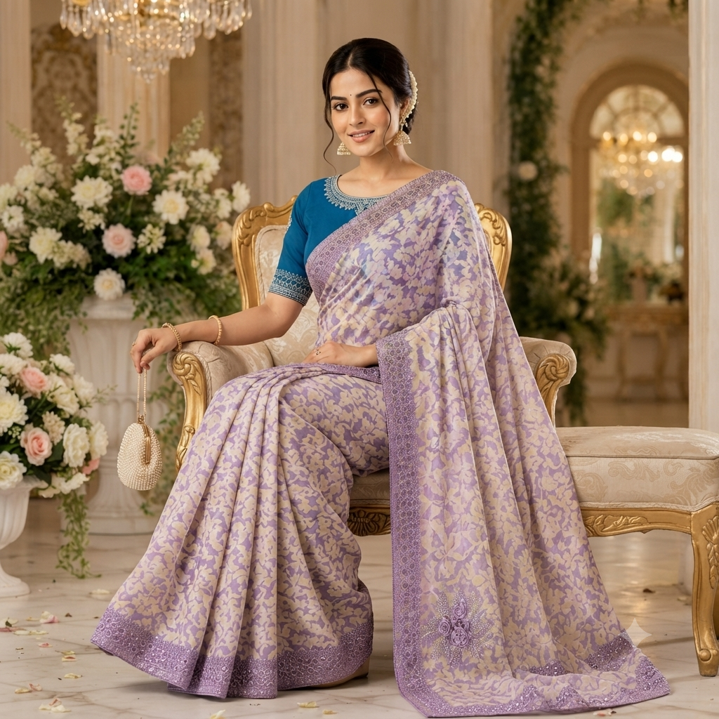 LAVENDER+BEIGE FLORAL PRINT ORGANZA/SATIN SAREE