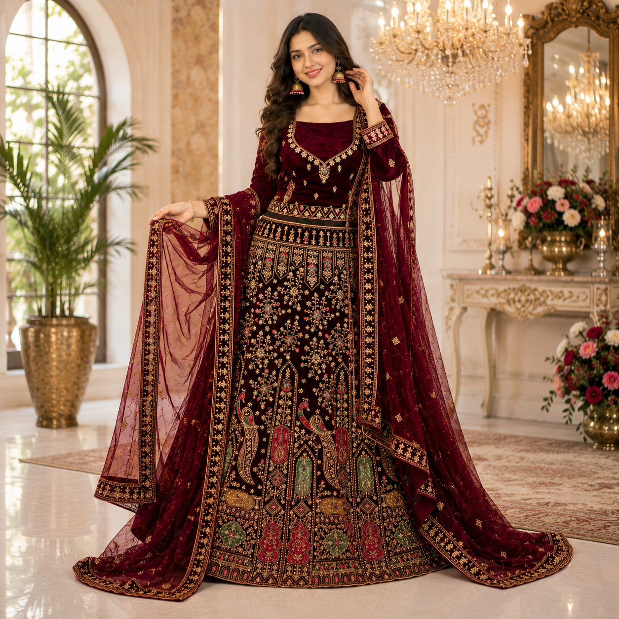 MAROON VELVET LEHENGA WITH HEAVY GOLD+ MULTICOLOR ZARDOZI WORK