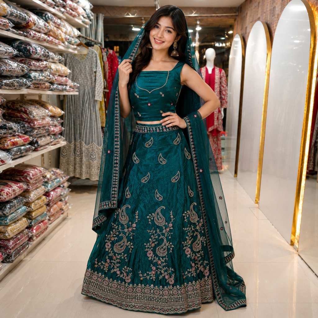 TEAL GREEN ORGANZA LEHENGA