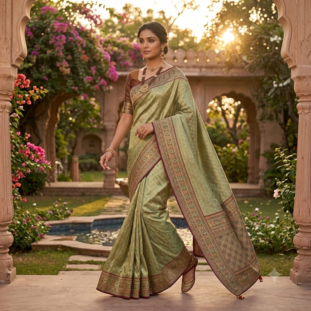 LIGHT OLIVE GREEN BANARASI SILK SAREE WITH MULTICOLOUR MEENAKARI BORDER