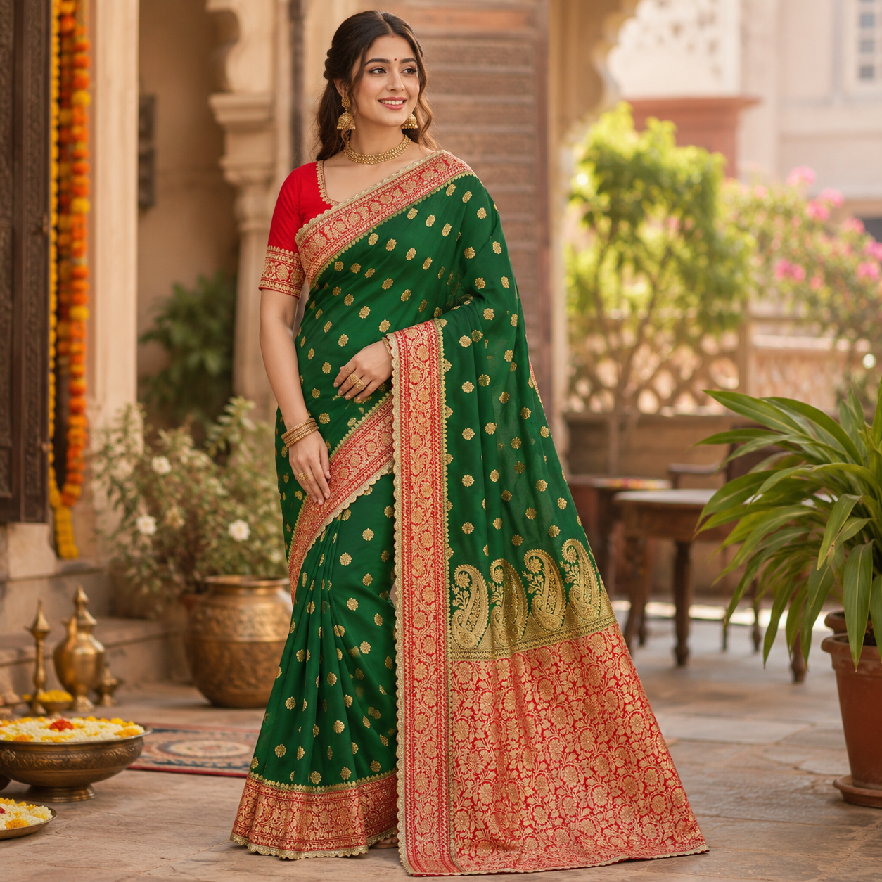 BOTTLE GREEN LAAL BANARASI SILK SAREE