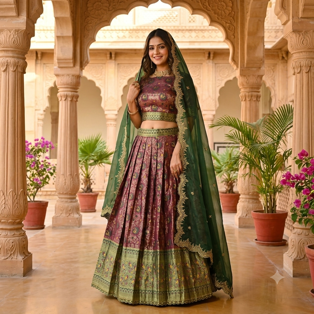 DEEP WINE LEHENGA WITH PEACOCK+ PAISLEY BUTI WORK+ THAT RICH OLIVE GREEN BORDER
